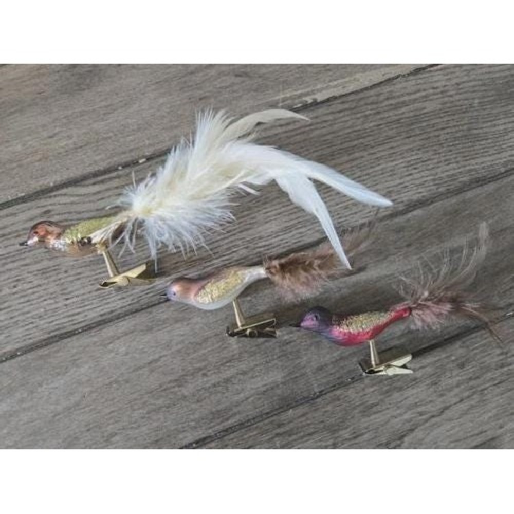 3 Vintage Mercury Glass Bird Feather Tail Clip On Christmas Tree Ornament Gold